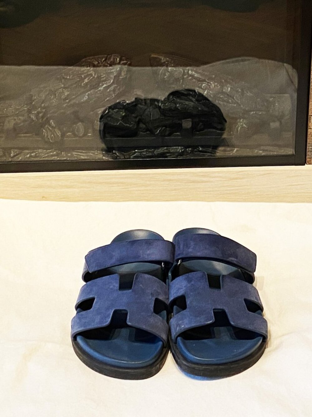 Hermès Chypre Sandals Blue Céleste Dark Suede Logo Strap Slides Size 9
